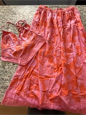 Free People Coral Pink Floral Two-Piece Skirt Set